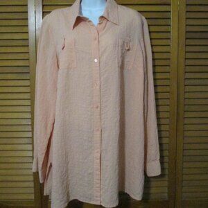 Emma James peach top, roll up button sleeves, button down blouse size XL